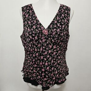 Spenser Jeremy Y2K Black & Pink Floral Chiffon Sleeveless Silk Blouse Size XL